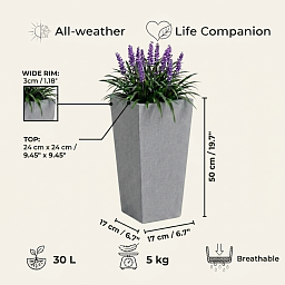 Set of IDEALIST Lite Light Concrete Garden Tall Planters, Outdoor Plant Pots with Tapered Shape