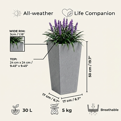 Set of IDEALIST Lite Light Concrete Garden Tall Planters, Outdoor Plant Pots with Tapered Shape