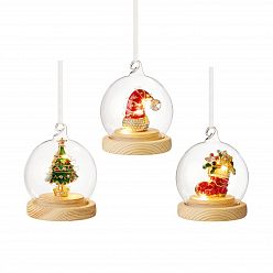 Christmas Baubles Lit Glass Balls on Wood Stand with Metal Chain