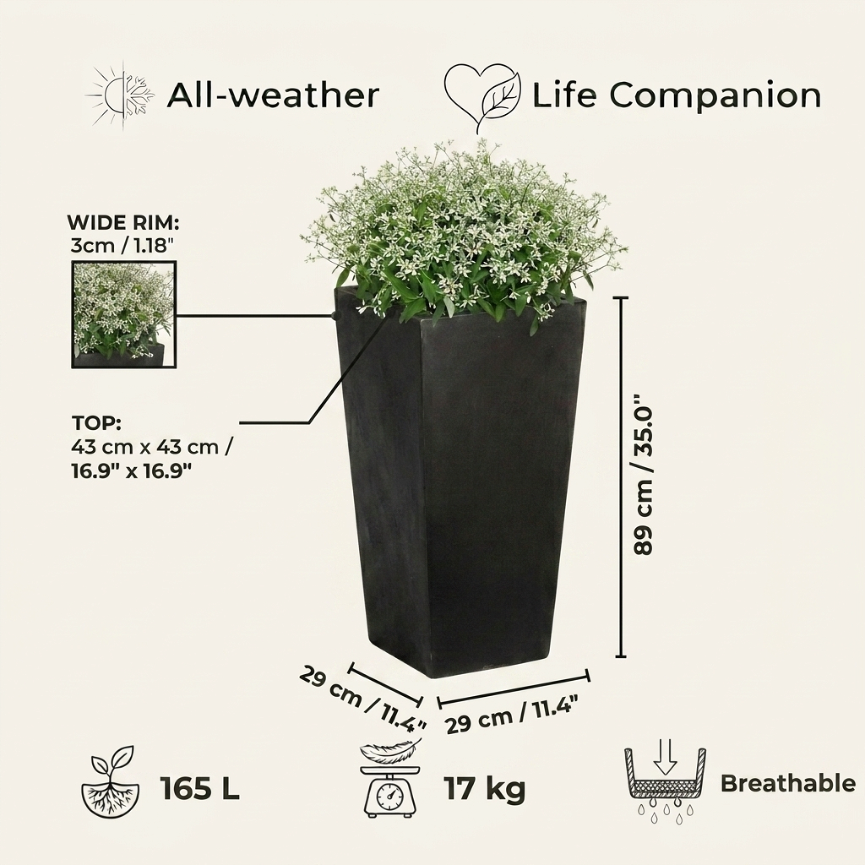 Set of IDEALIST Lite Light Concrete Garden Tall Planters, Outdoor Plant Pots with Tapered Shape