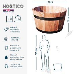 Rustic European Birch Hardwood Round Tub Half Barrel Outdoor Planter Made in UK by HORTICO