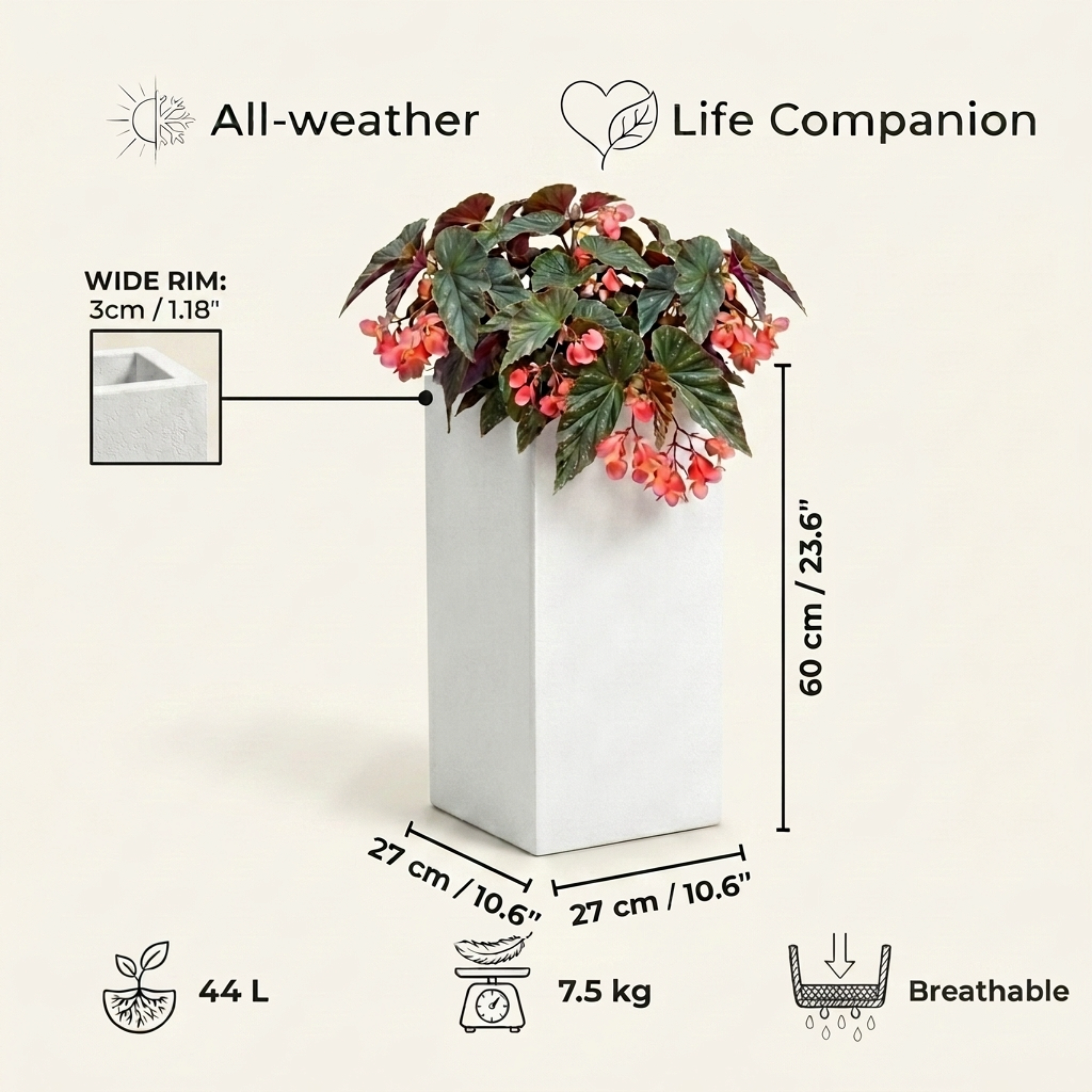 IDEALIST Lite Tall Square Contemporary Light Concrete Planter