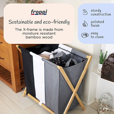 Froppi Collapsible Laundry Basket with Bamboo Frame Large Washing Hamper with 3 Compartments
