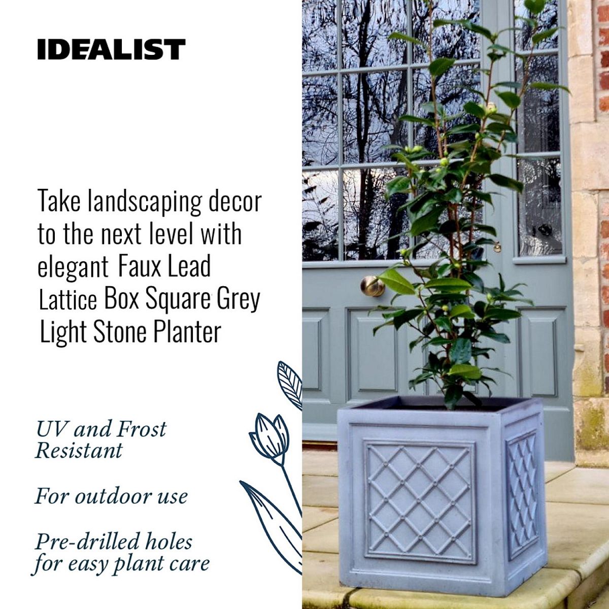 IDEALIST Lite Faux Lead Lattice Box Square Grey Light Stone Planter
