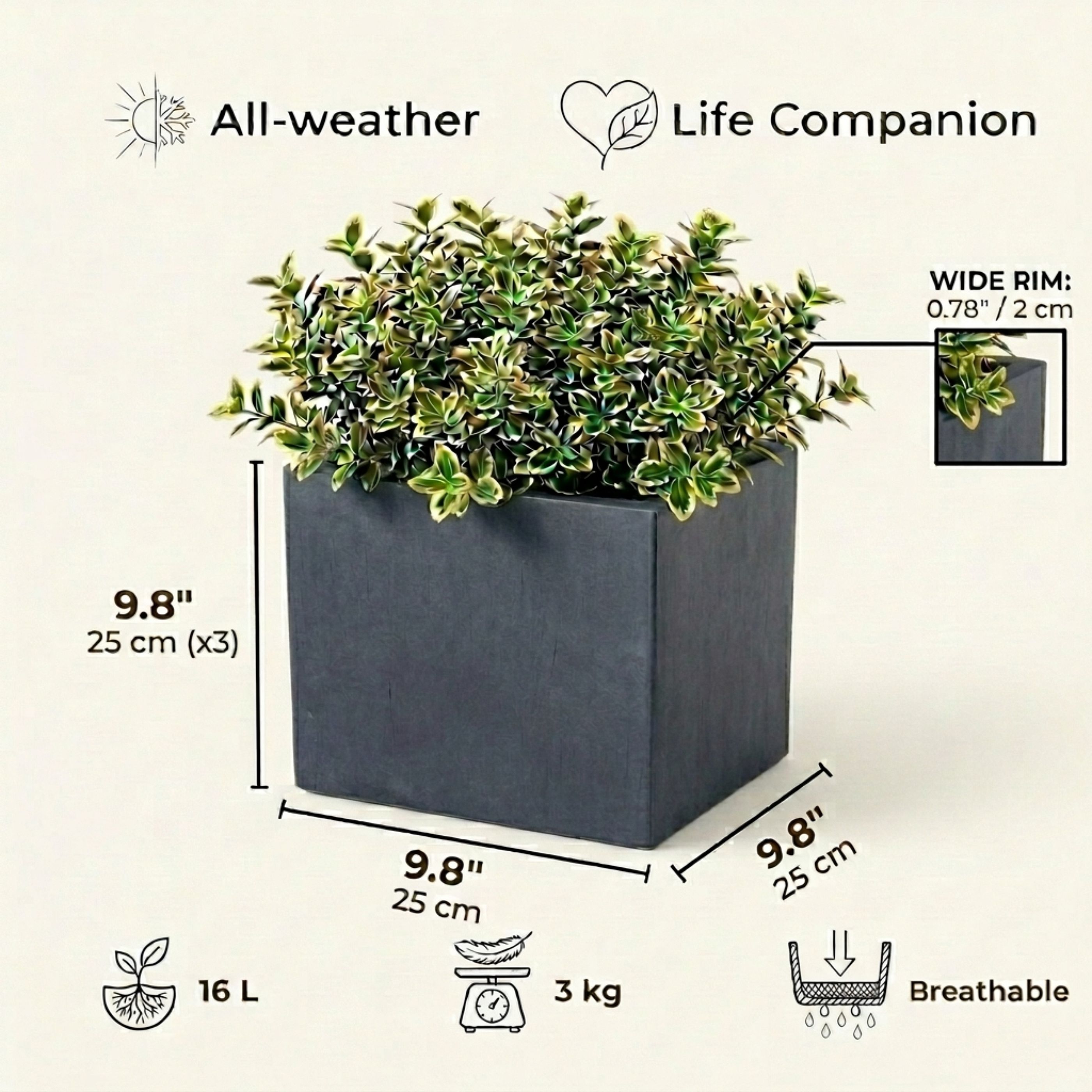 IDEALIST Lite Square Box Contemporary Light Concrete Planter