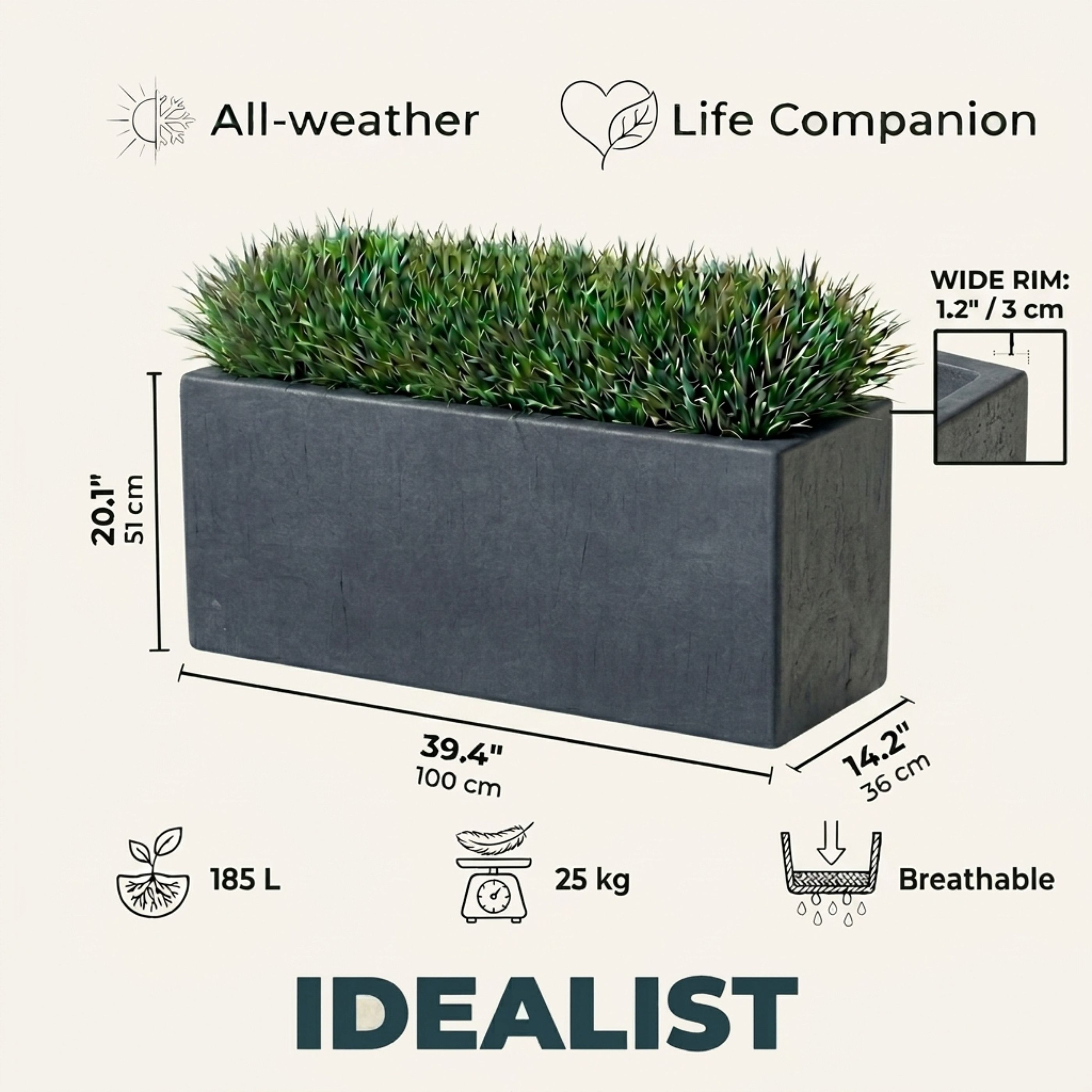 IDEALIST Lite Contemporary Light Concrete High Trough Planter