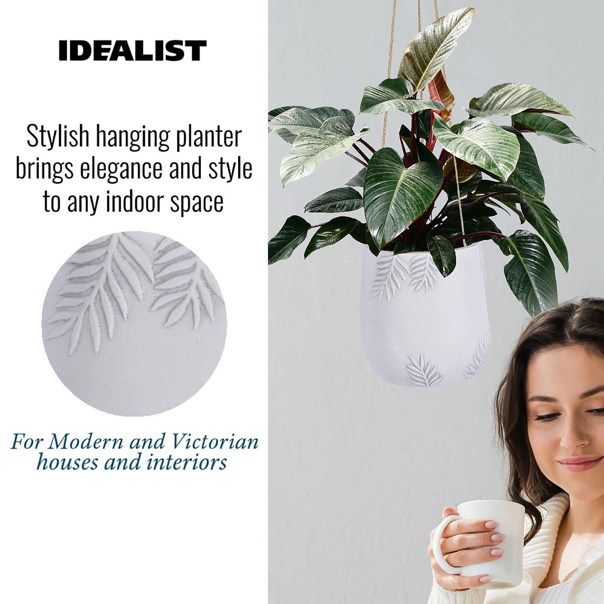 Leaf Embossed Table and Hanging Plant Pot Dual Use Indoor Egg Planter by Idealist Lite