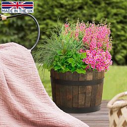 Rustic Upcycled Oak Wood Round Tub Half Barrel Outdoor Planter Made in UK by HORTICO