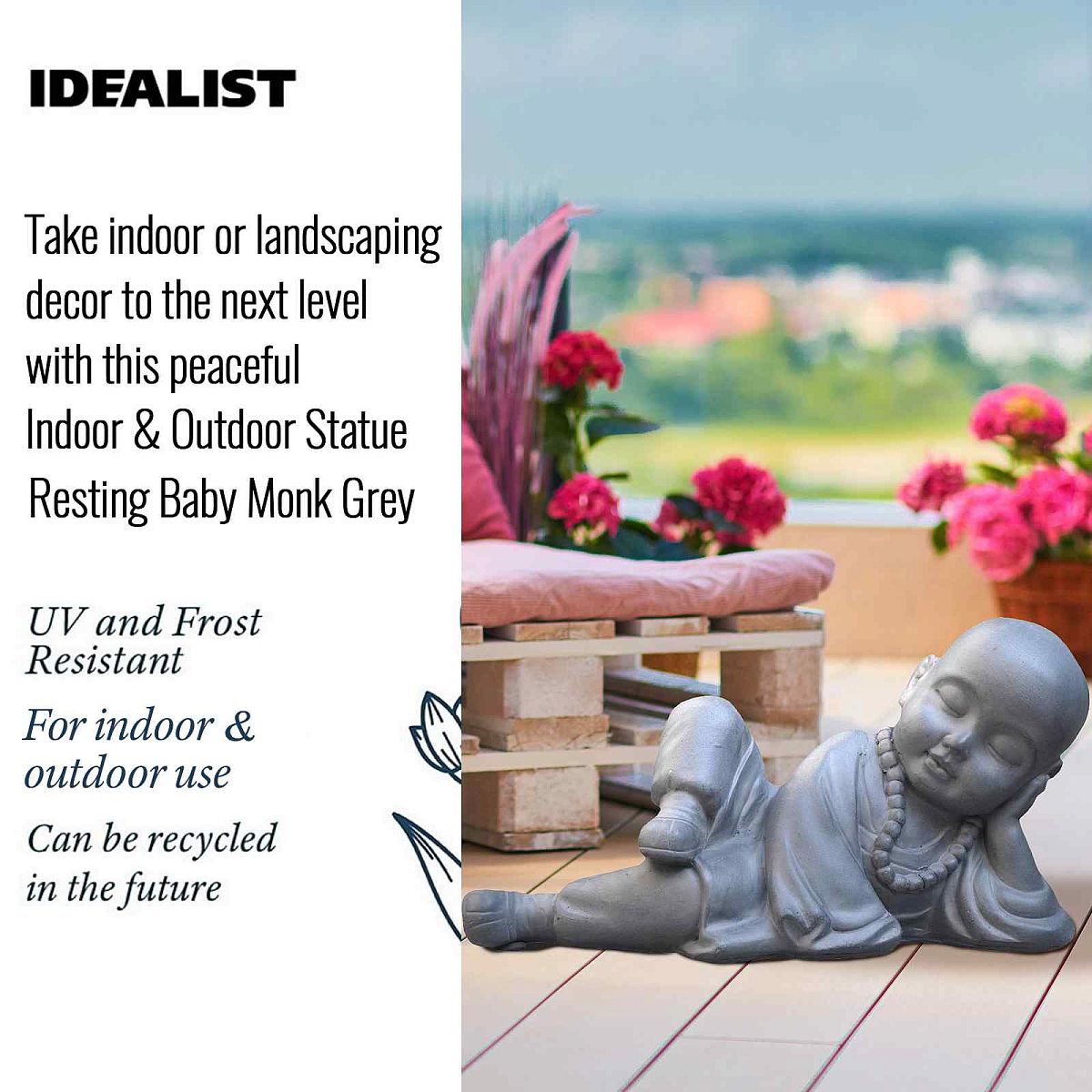 IDEALIST Lite Resting Baby Monk Grey Indoor and Outdoor Statue L39.5 W17 H21 cm