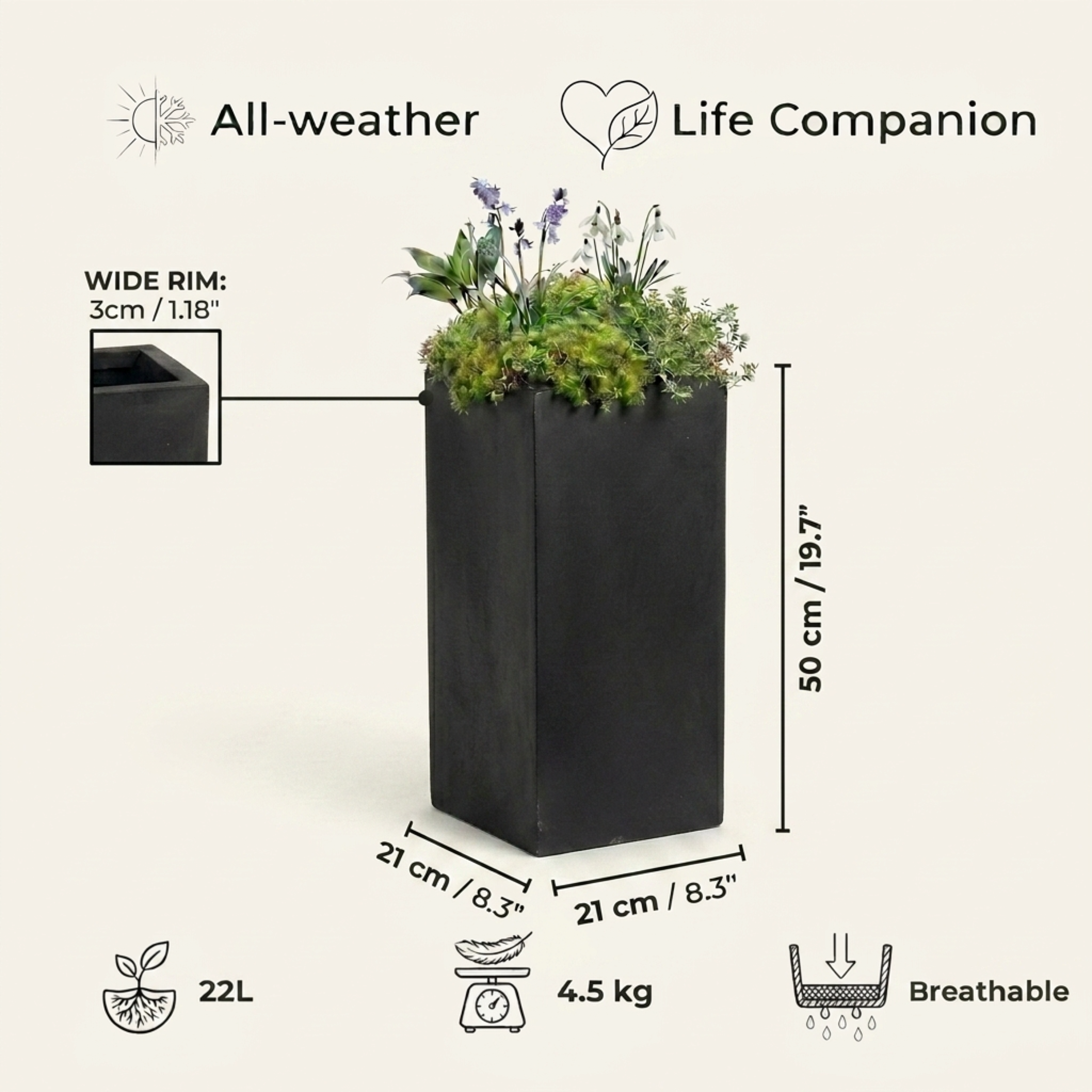 IDEALIST Lite Tall Square Contemporary Light Concrete Planter Set