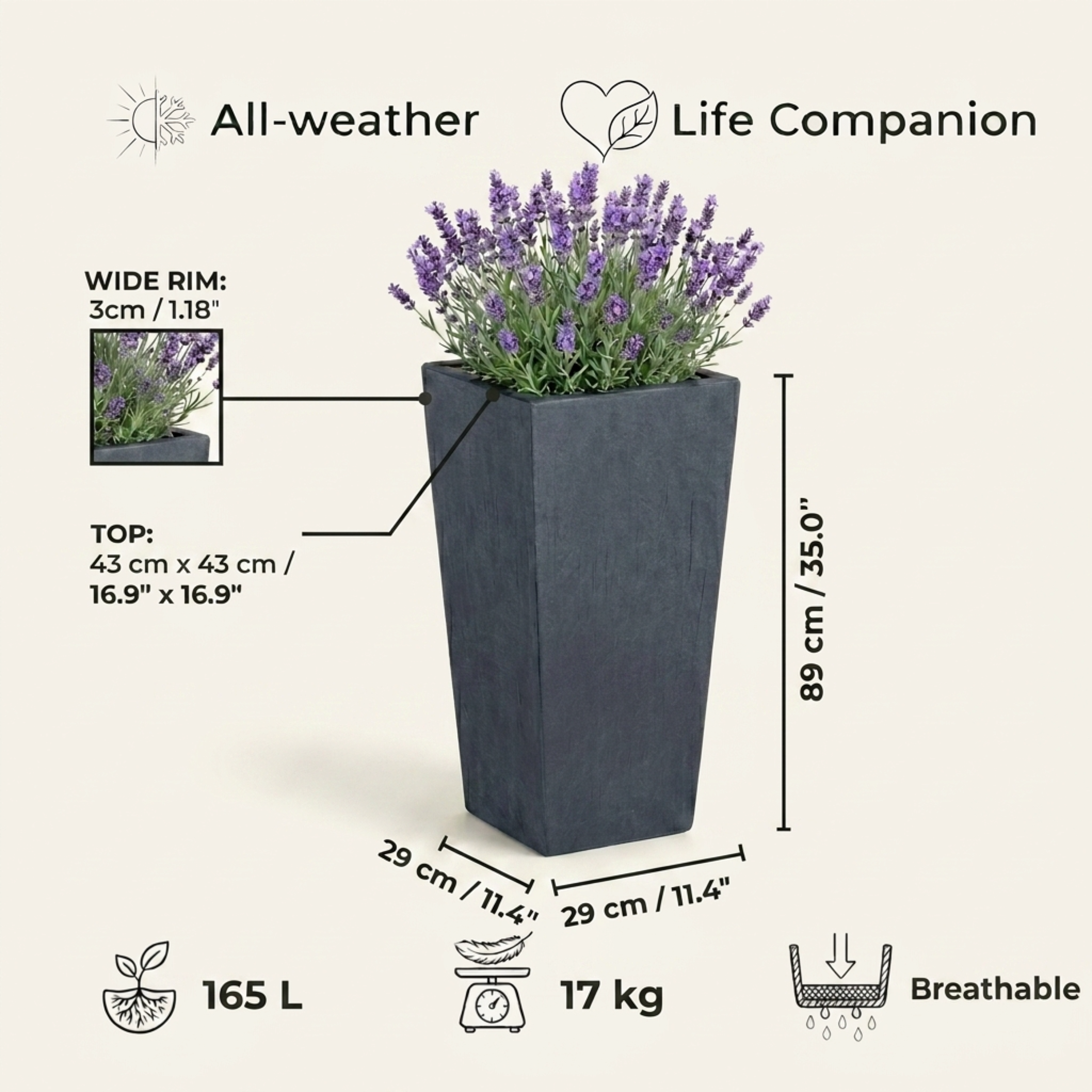Set of IDEALIST Lite Light Concrete Garden Tall Planters, Outdoor Plant Pots with Tapered Shape