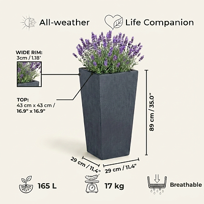 Set of IDEALIST Lite Light Concrete Garden Tall Planters, Outdoor Plant Pots with Tapered Shape