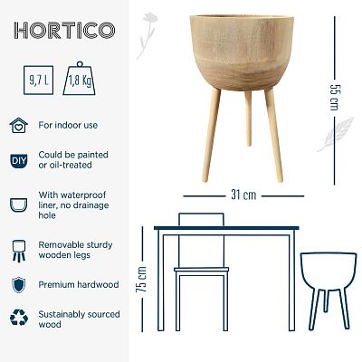 HORTICO GAIA Wooden House Planter with Legs, Tall Indoor Plant Pot Stand with Waterproof Liner