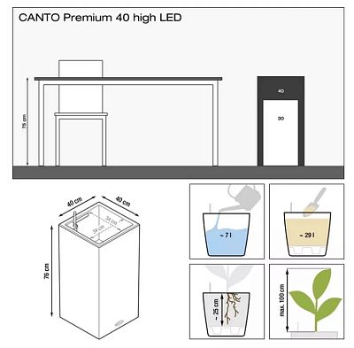 LECHUZA CANTO Stone High LED Square Tall Poly Resin Self-watering Planter