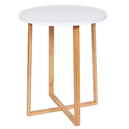 Froppi Small Round Coffee Table for Living Room White Wood Cocktail Table on Natural Bamboo Frame