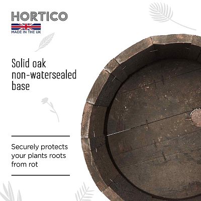 Rustic Upcycled Oak Wood Round Tub Half Barrel Outdoor Planter Made in UK by HORTICO