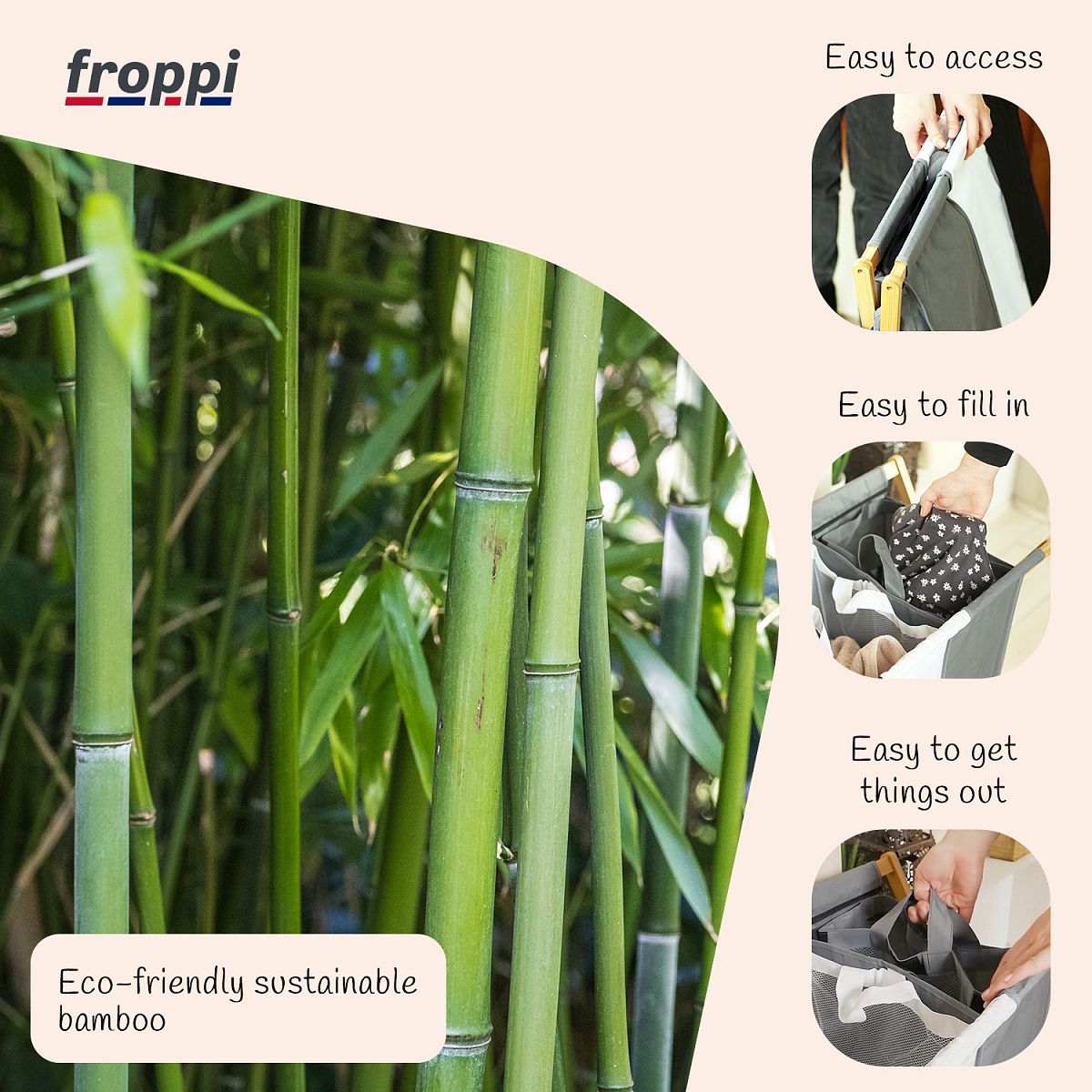 Froppi Collapsible Laundry Basket with Bamboo Frame Large Washing Hamper with 3 Compartments