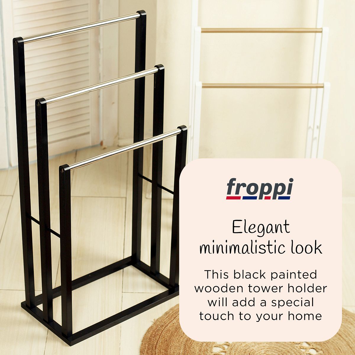 Froppi Bamboo Free Standing Towel Rack, Wooden Towel Holder and Ladder with 3 Bars