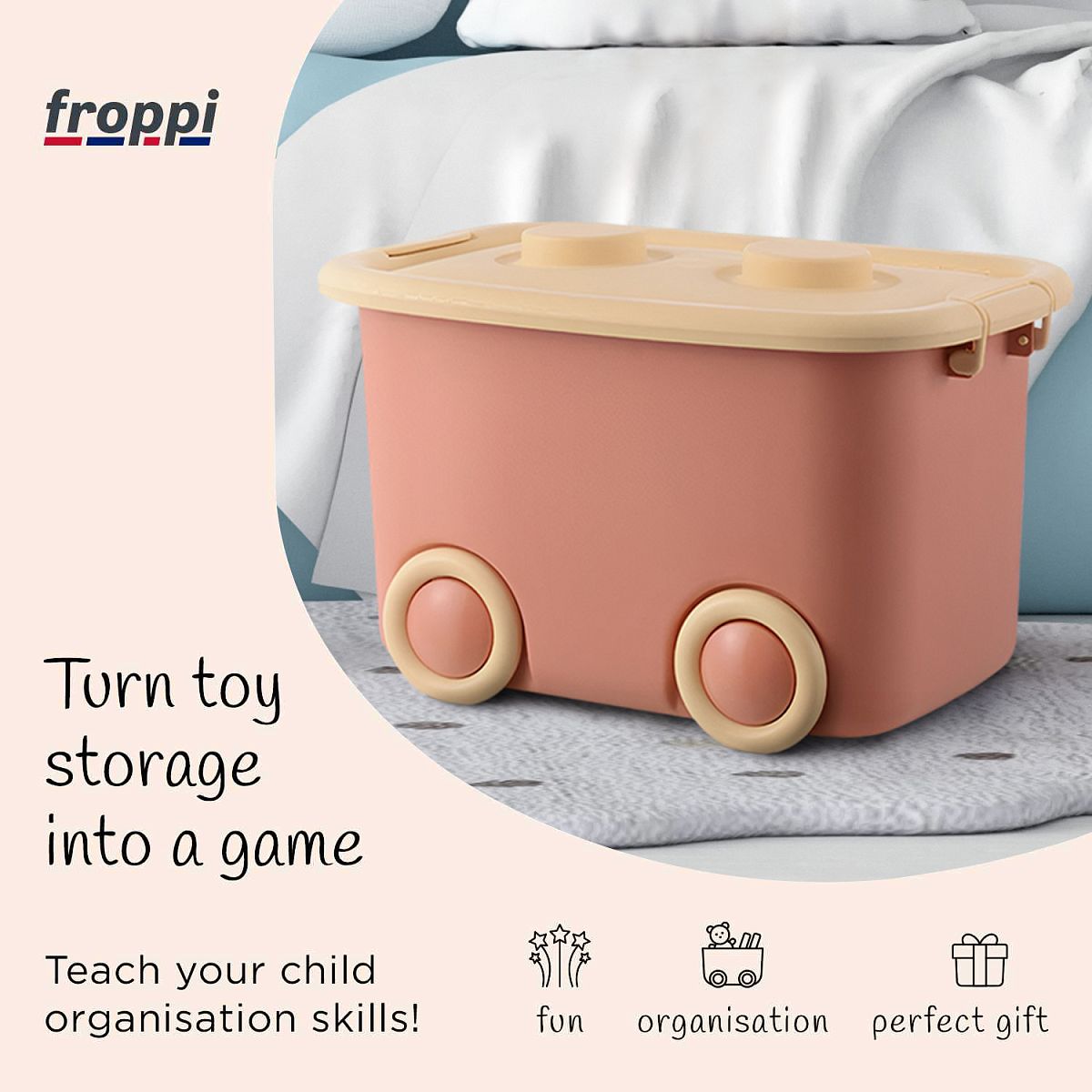 Stackable Plastic Kids Toy Storage Box with Lid and Wheels by Froppi