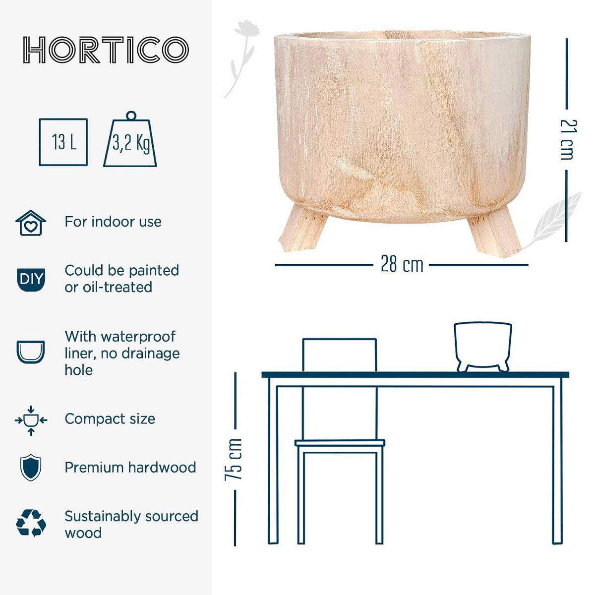 HORTICO GROWER Wooden House Planter with Legs, Indoor Plant Pot Stand with Waterproof Liner