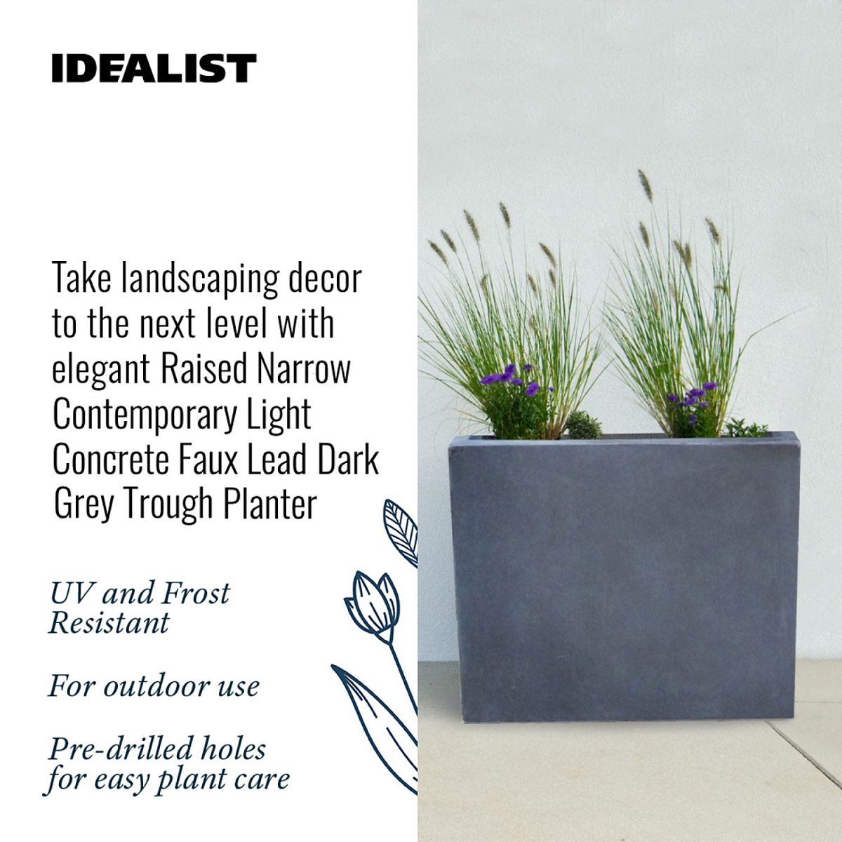 Raised Contemporary Light Concrete Trough Planter by Idealist Lite Set