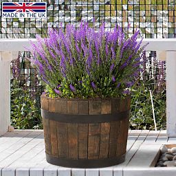 Rustic Upcycled Oak Wood Round Tub Half Barrel Outdoor Planter Made in UK by HORTICO