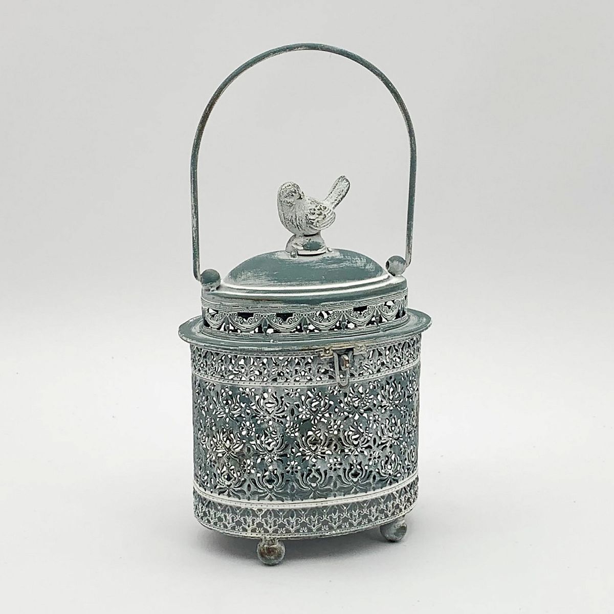 Oval Metal Vintage Garden Silver Lantern with Bird by Minster
