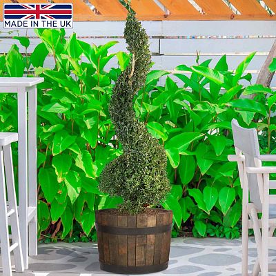 Rustic Upcycled Oak Wood Round Tub Half Barrel Outdoor Planter Made in UK by HORTICO