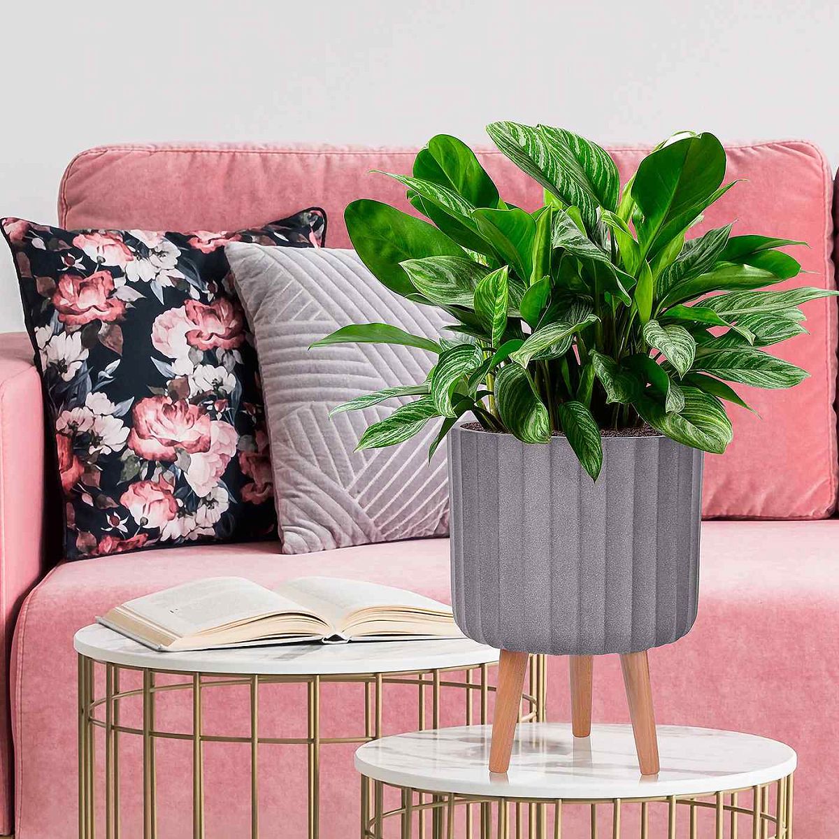 Modern Ribbed Cylinder Planter on Legs, Round Pot Plant Stand Indoor by Idealist Lite