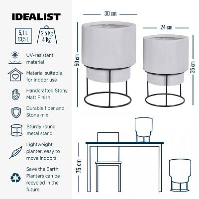 Set of two IDEALIST Lite Smooth Style Round Indoor Planters on Metal Stand