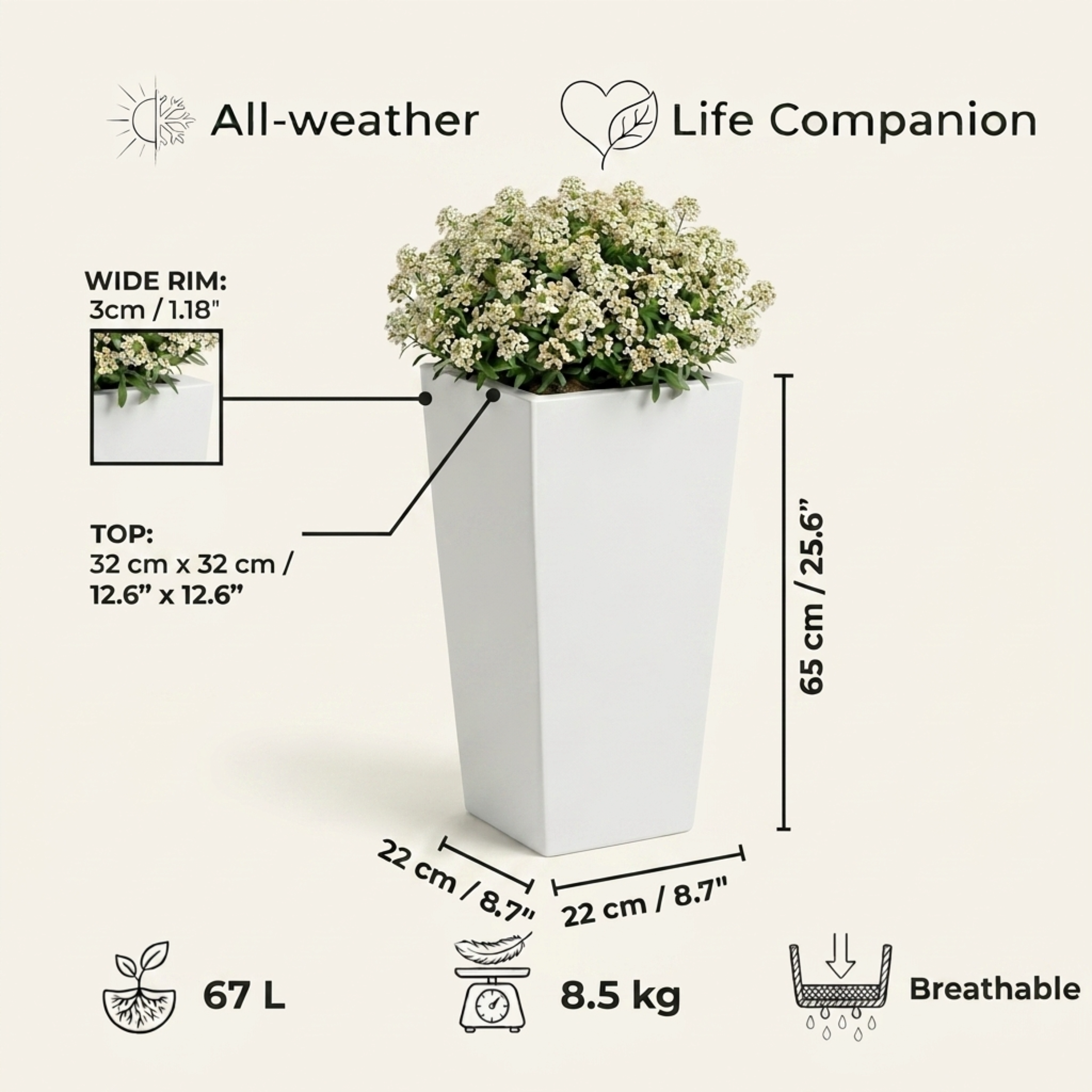 IDEALIST Lite Tall Tapered Contemporary Light Concrete Planter