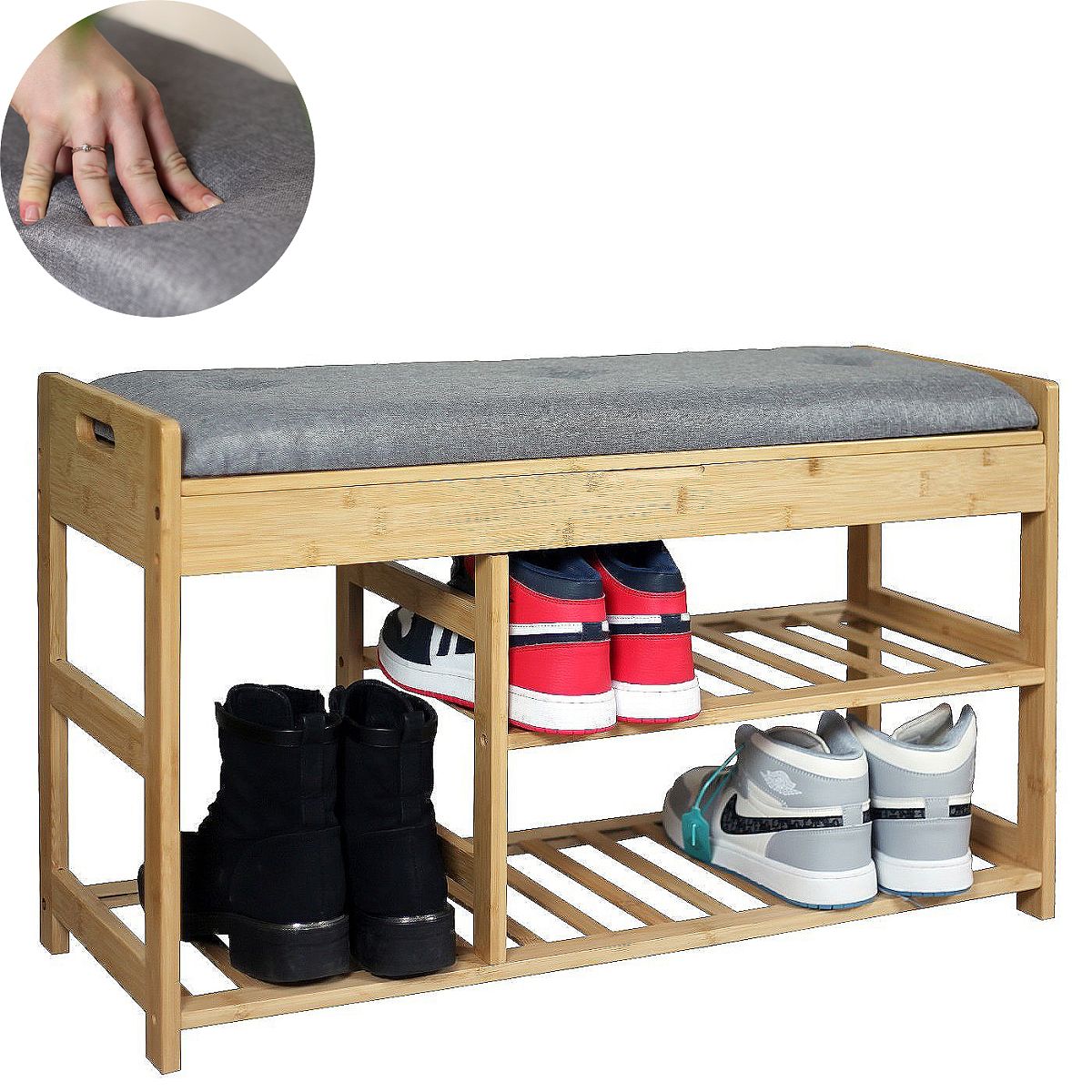 Froppi Bamboo Shoe Storage Bench 2-Tier Wooden Shoe Shelf and Rack with Seat and Storage Box