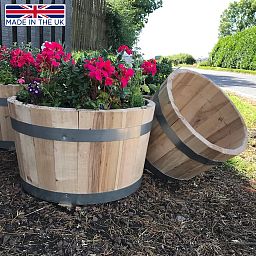 Rustic European Birch Hardwood Round Tub Half Barrel Outdoor Planter Made in UK by HORTICO