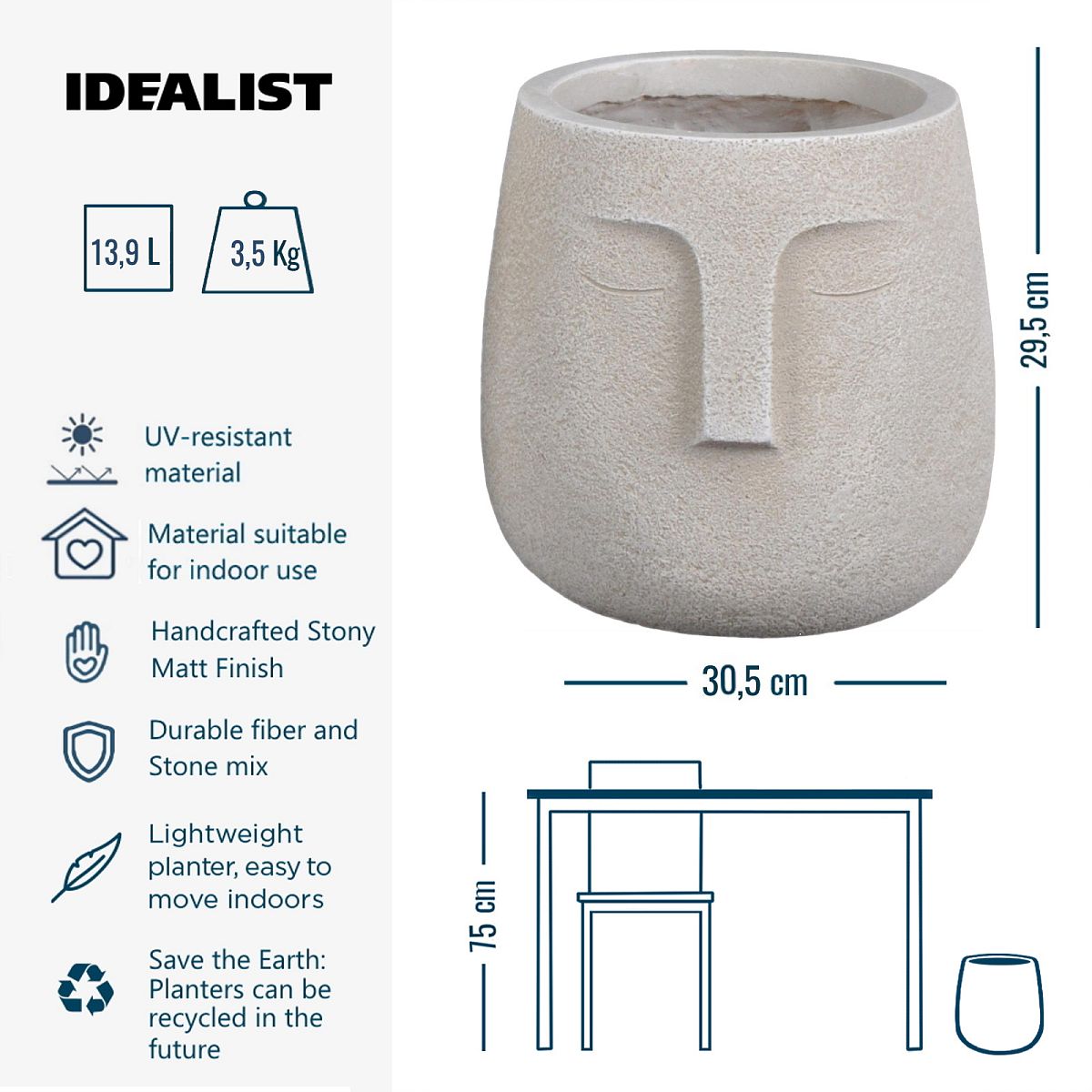 Textured Concrete Effect Oval Indoor Face Pot by Idealist Lite