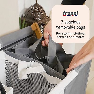 Froppi Collapsible Laundry Basket with Bamboo Frame Large Washing Hamper with 3 Compartments