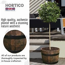 Rustic Upcycled Oak Wood Round Tub Half Barrel Outdoor Planter Made in UK by HORTICO