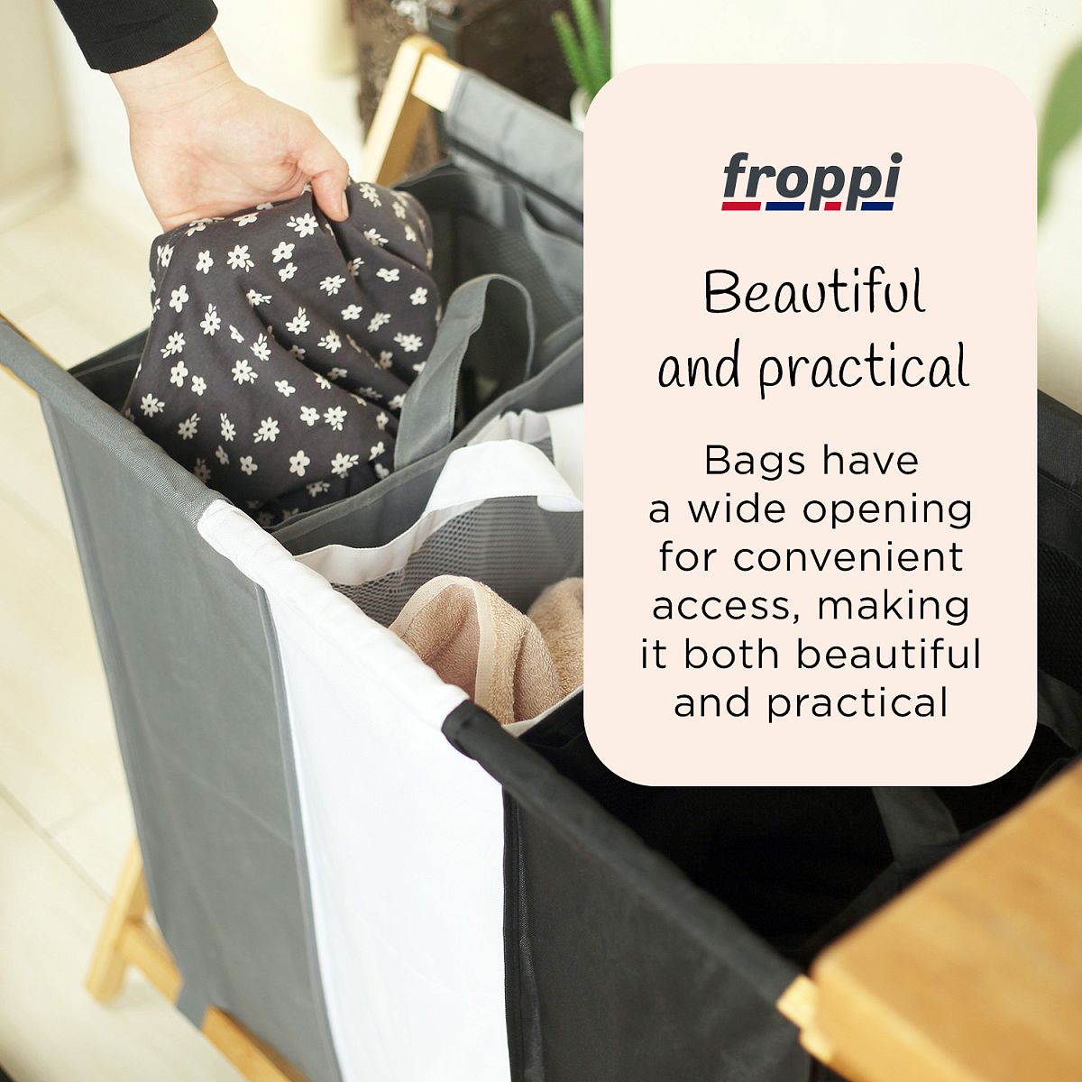 Froppi Collapsible Laundry Basket with Bamboo Frame Large Washing Hamper with 3 Compartments