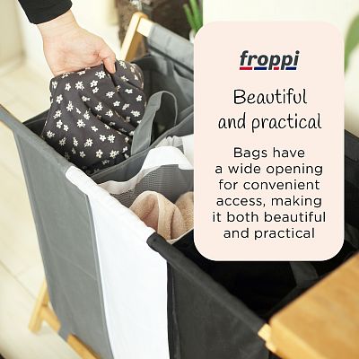 Froppi Collapsible Laundry Basket with Bamboo Frame Large Washing Hamper with 3 Compartments