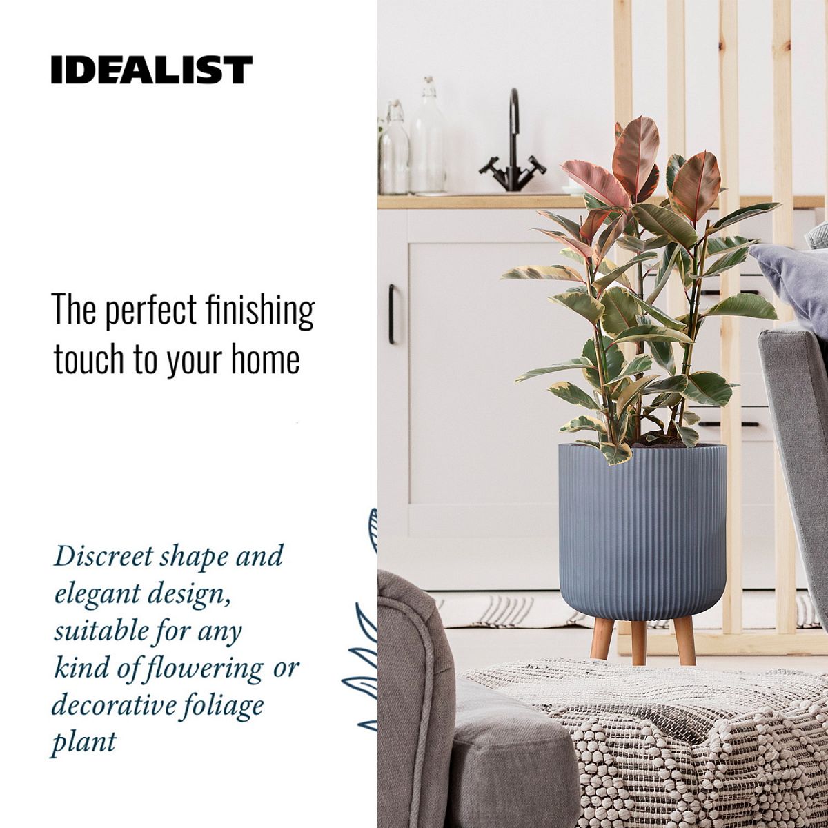 Ribbed Cylinder Planter on Legs, Round Pot Plant Stand Indoor by Idealist Lite