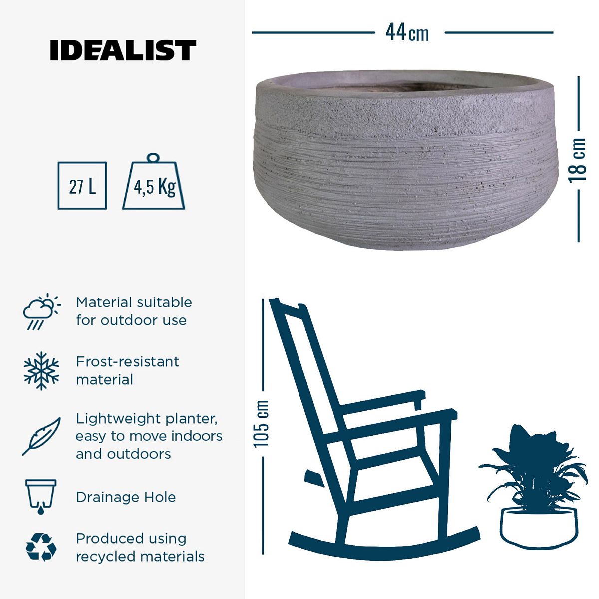 Ribbed Light Concrete Bowl Planter by Idealist Lite