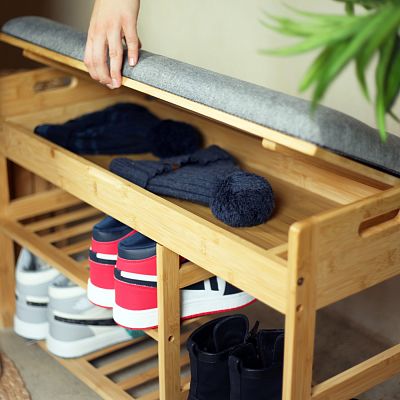 Froppi Bamboo Shoe Storage Bench 2-Tier Wooden Shoe Shelf and Rack with Seat and Storage Box