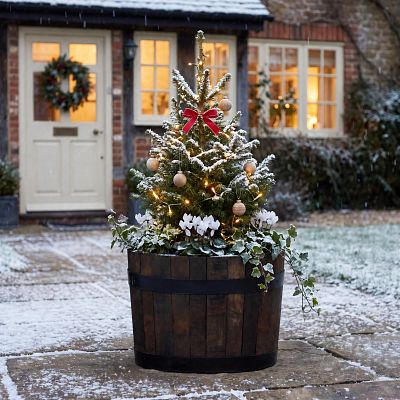 Rustic Upcycled Oak Wood Round Tub Half Barrel Outdoor Planter Made in UK by HORTICO