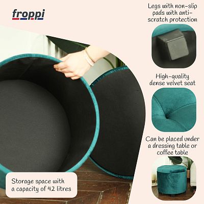 Premium Footstool with Storage Round Velvet Ottoman Storage Pouffe on Feet by Froppi