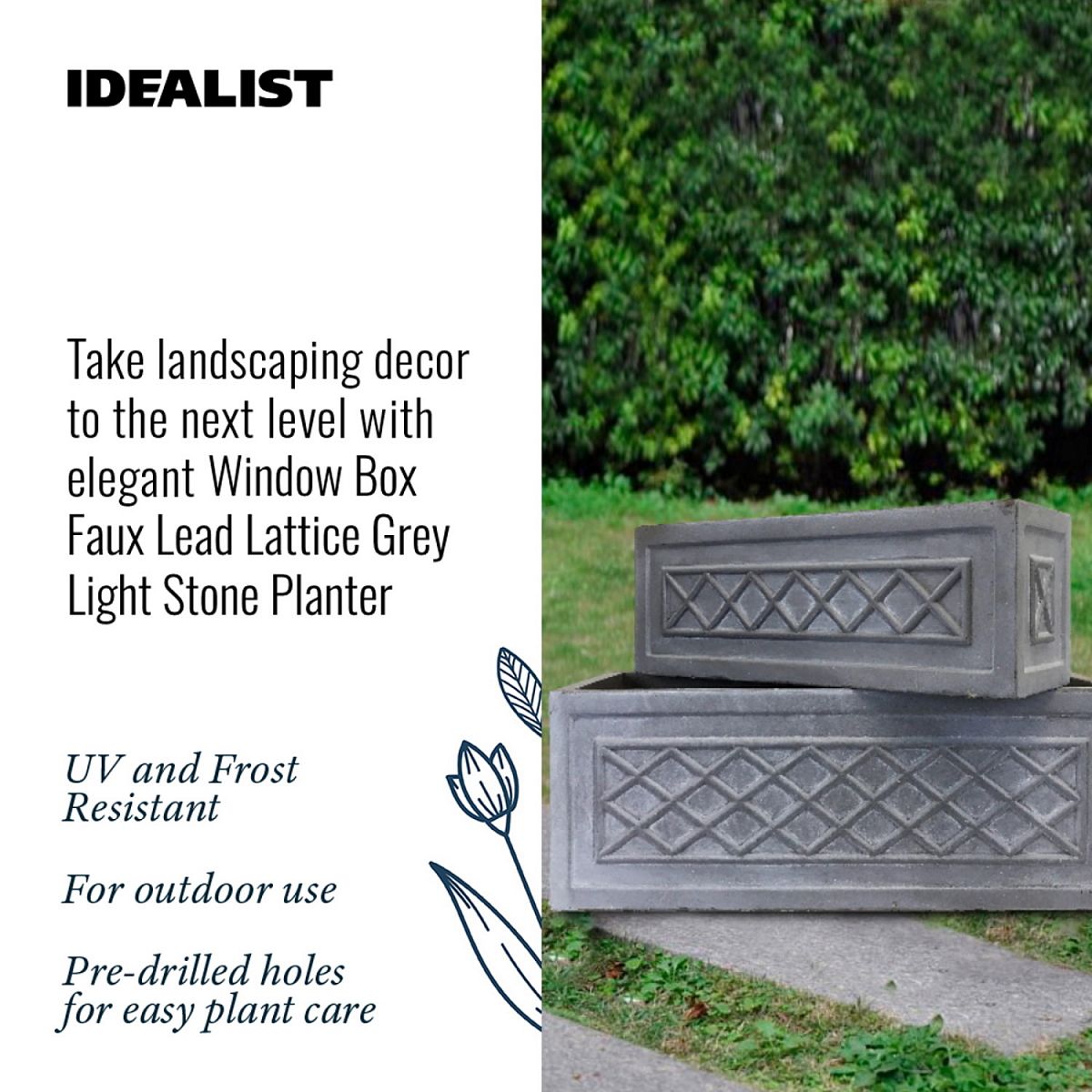 IDEALIST Lite Window Box Faux Lead Lattice Grey Light Stone Planter