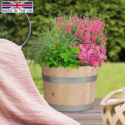 Rustic European Birch Hardwood Round Tub Half Barrel Outdoor Planter Made in UK by HORTICO