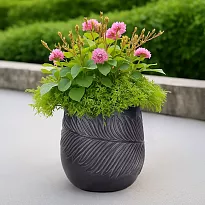 IDEALIST Lite Leaf Embossed Black Garden Round Planter, Outdoor Plant ...