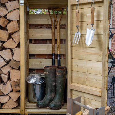 Outdoor Wooden Log and Tool Store by Forest Garden