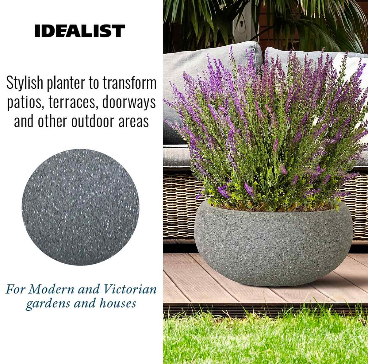 Textured Concrete Effect Bowl Outdoor Planter by Idealist Lite