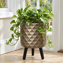 IDEALIST Lite Indoor Plant Pot, Diamond Faceted Antique Gold Planter on Legs