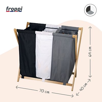 Froppi Collapsible Laundry Basket with Bamboo Frame Large Washing Hamper with 3 Compartments